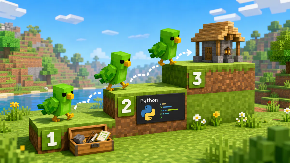 Minecraftの世界でPythonを段階的に学ぶイメージ