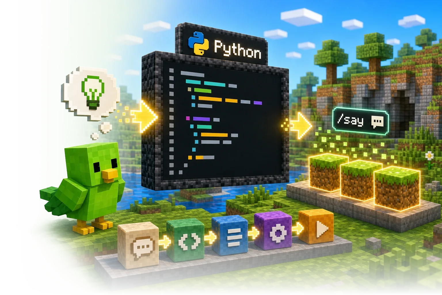 PythonのコードからMinecraftのブロックを動かす学習イメージ